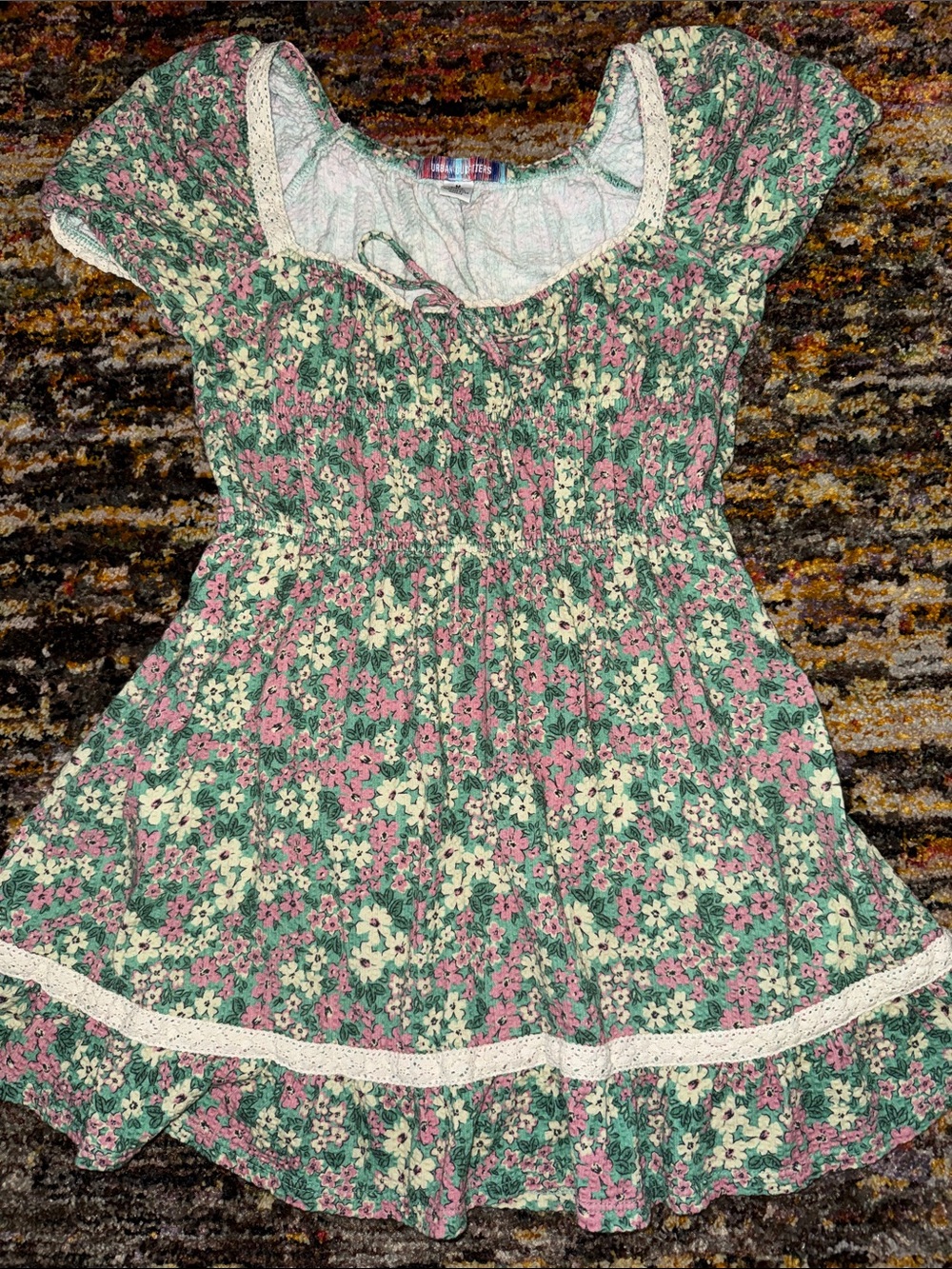UO Smocked Mini Dress in Green, Pink & Cream M